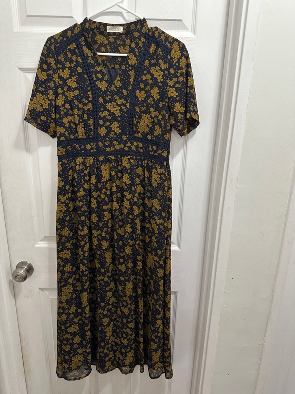 Roolee Navy Midi Dress with Mustard Floral Print & Lace